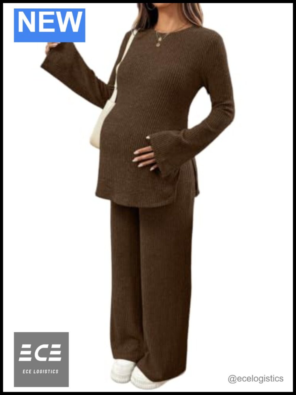 Maternity 2 Piece Outfit Ribbed Knit Long Sleeve Top & Pants Set